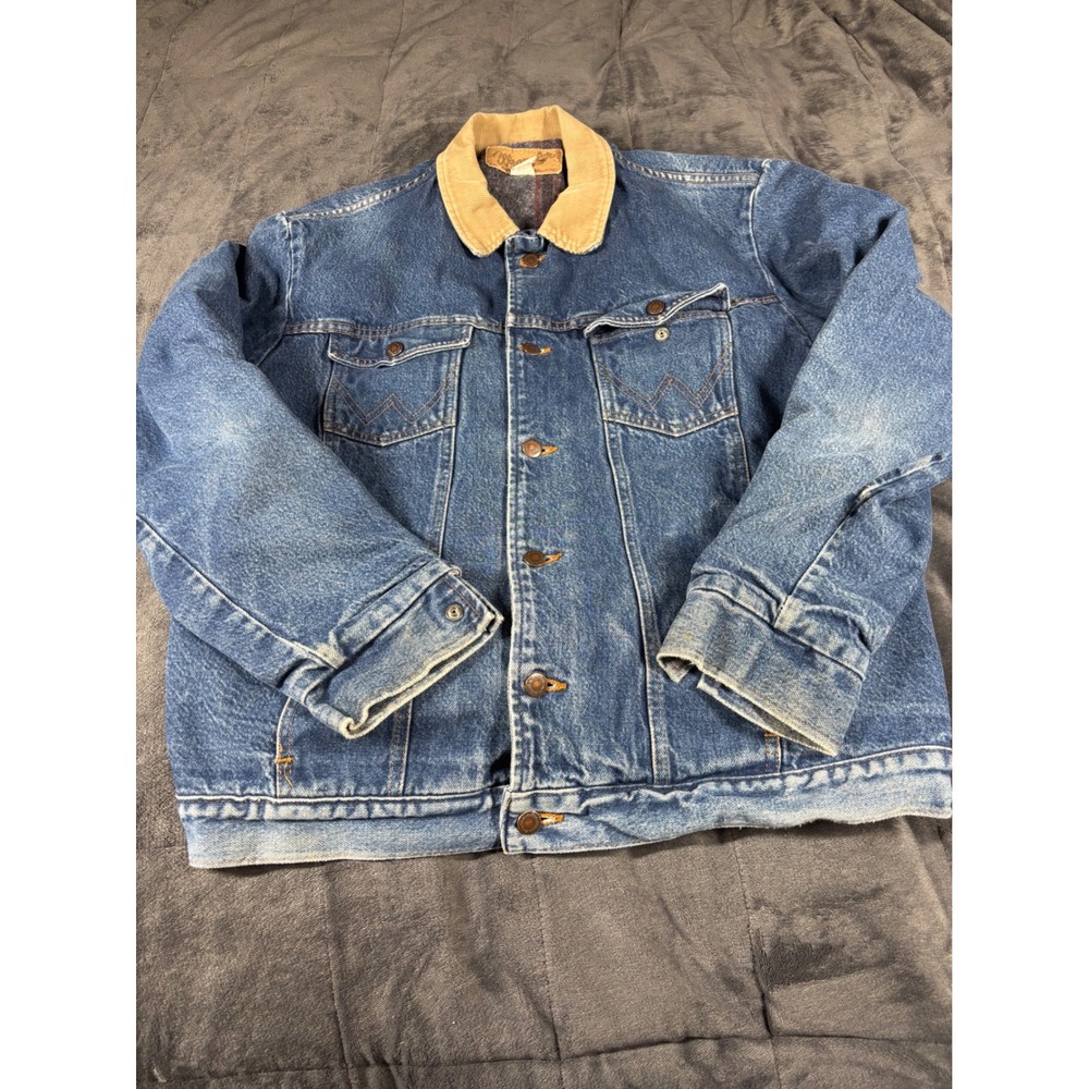 Vintage Wrangler Denim Jacket Blanket Lined Corduroy Collar Blue Made in USA 44L